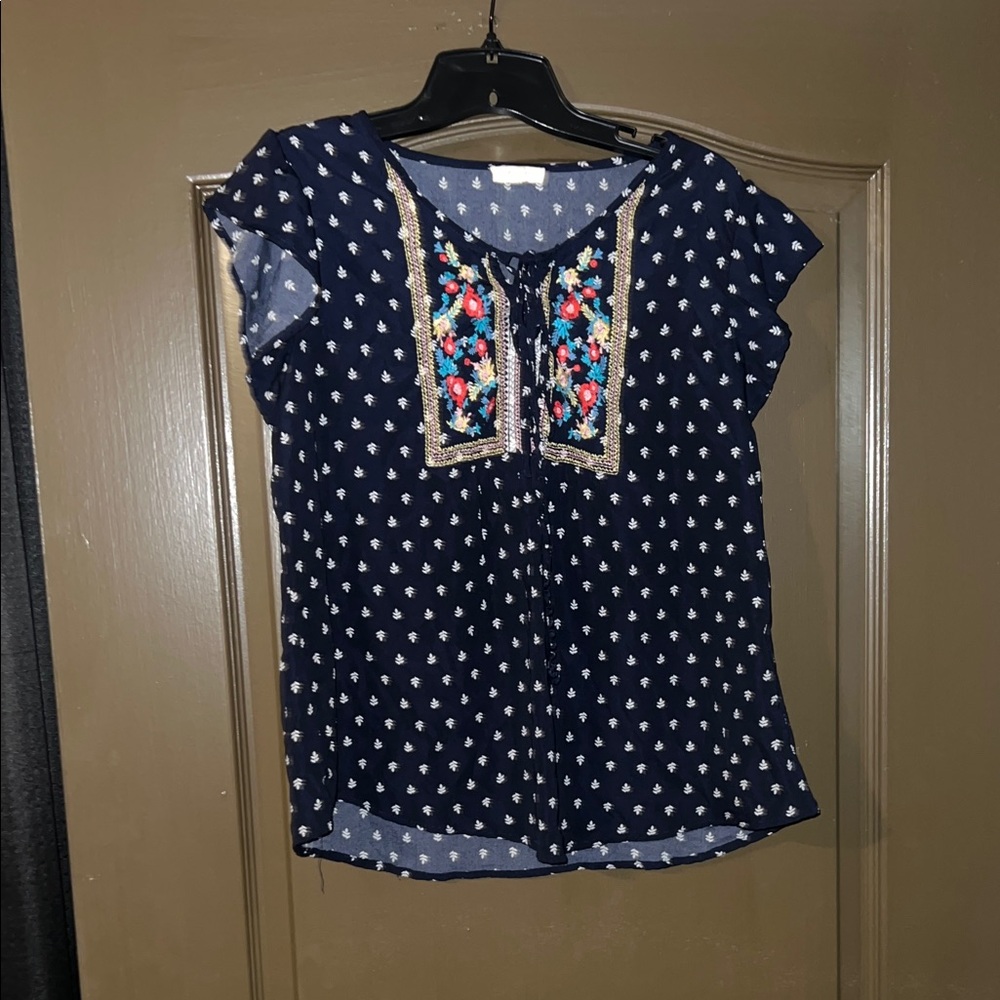 Navy Blue Embroidered Women's Top